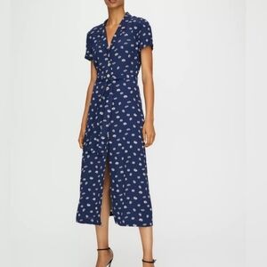 Aritzia Wilfred Navy Blue Daisy Flower Midi Shirt Dress Lightweight Size M